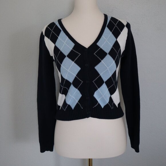 Brandy Melville Navy Blue Argyle Button-Up Cardigan S/M - Picture 1 of 3